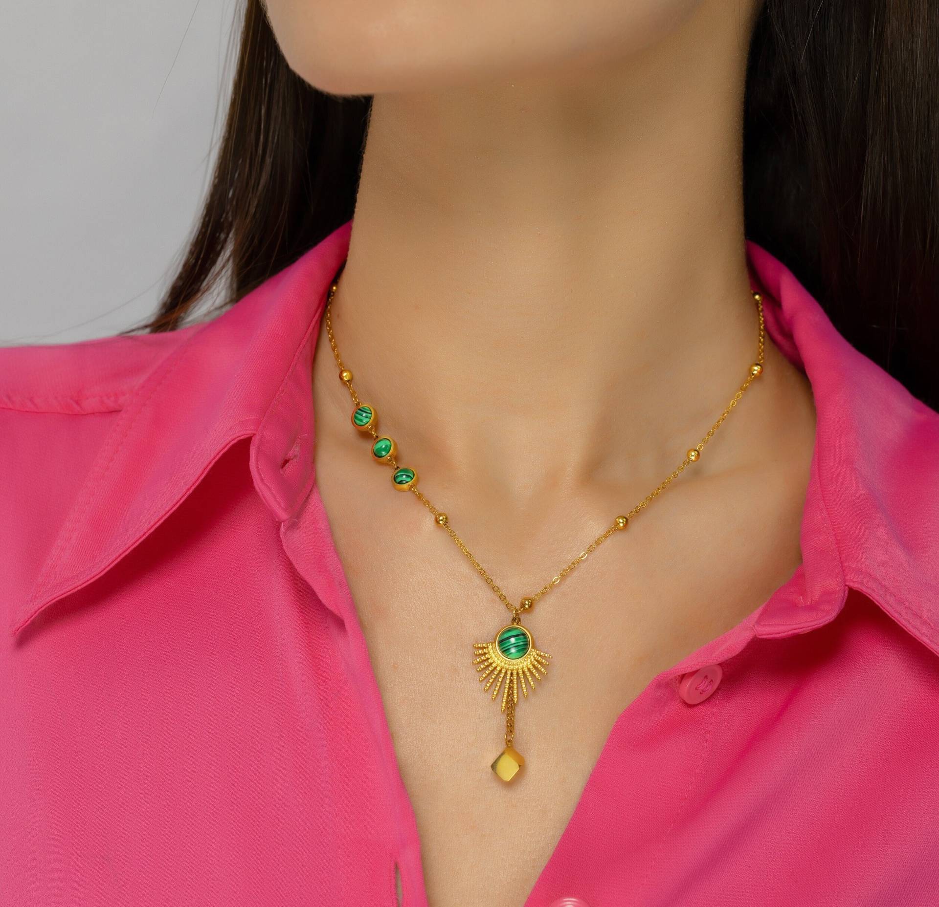 Gold Halskette Mit Malachit Grün Anhänger, Edelstahl Statement 14K Vergoldet Halskette, Geschenk Für Sie, Mutter von BrooklynTag