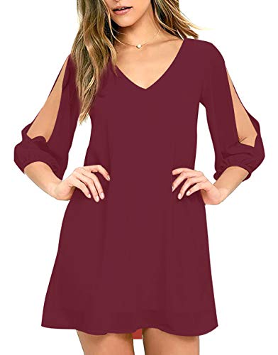 Brosloth Damen Kleider Blusenkleid V-Ausschnitt Elegant Kleid Chiffon-Kleider mit A-Linie 3/4 Ärmel Party Kleid für hochzeitsgäste Lose Tunika Kleid Weinrot L von Brosloth