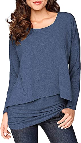 Brosloth Damen Langarmshirt 2 in 1 Longshirt Langarm Tunika Shirt Basic T Shirts Asymmetrischer Oberteile Casual Tops Bluse Blau S von Brosloth