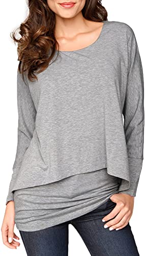 Brosloth Damen Langarmshirt 2 in 1 Longshirt Langarm Tunika Shirt Basic T Shirts Asymmetrischer Oberteile Casual Tops Bluse Grau M von Brosloth