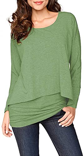 Brosloth Damen Langarmshirt 2 in 1 Longshirt Langarm Tunika Shirt Basic T Shirts Asymmetrischer Oberteile Casual Tops Bluse Grün L von Brosloth