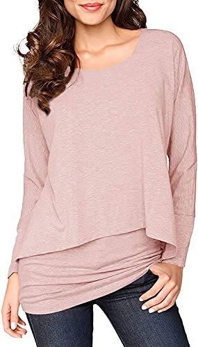 Brosloth Damen Langarmshirt 2 in 1 Longshirt Langarm Tunika Shirt Basic T Shirts Asymmetrischer Oberteile Casual Tops Bluse Rosa S von Brosloth