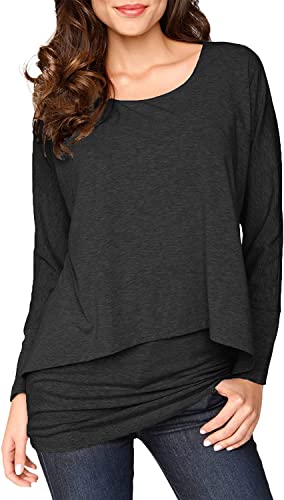 Brosloth Damen Langarmshirt 2 in 1 Longshirt Langarm Tunika Shirt Basic T Shirts Asymmetrischer Oberteile Casual Tops Bluse Schwarz S von Brosloth