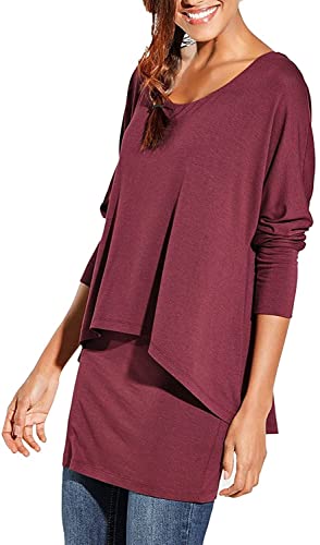 Brosloth Damen Langarmshirt 2 in 1 Longshirt Langarm Tunika Shirt Basic T Shirts Asymmetrischer Oberteile Casual Tops Bluse Weinrot XL von Brosloth