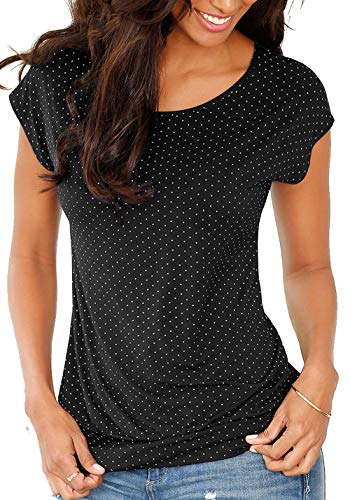 Brosloth Damen Rundhals Sommer T Shirt Kurzarmshirt Breitem Bund Longshirt Kurzarm Oberteil Tops Mit Pünktchen-Druck (Schwarz, S) von Brosloth