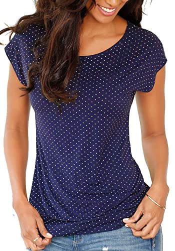 Brosloth Damen Rundhals Sommer T Shirt Kurzarmshirt Breitem Bund Longshirt Kurzarm Oberteil Tops Mit Pünktchen-Druck Navy L von Brosloth