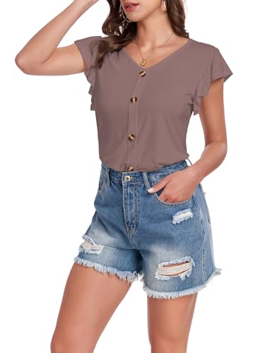 Brosloth Damen Sommer T-Shirt Kurzarmshirt Casual V-Ausschnitt Lässige Stretch Rüschenbündchen Bluse Tops Oberteil Baumwollshirt Blickdicht Mit kurzen Flügelärmelchen, Braun, S von Brosloth