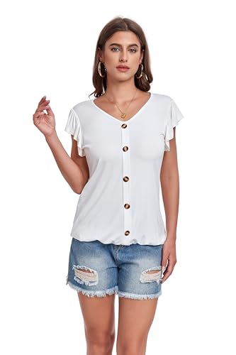 Brosloth Damen Sommer T-Shirt Kurzarmshirt Casual V-Ausschnitt Lässige Stretch Rüschenbündchen Bluse Tops Oberteil Baumwollshirt Blickdicht Mit kurzen Flügelärmelchen, Weiß, XXL von Brosloth