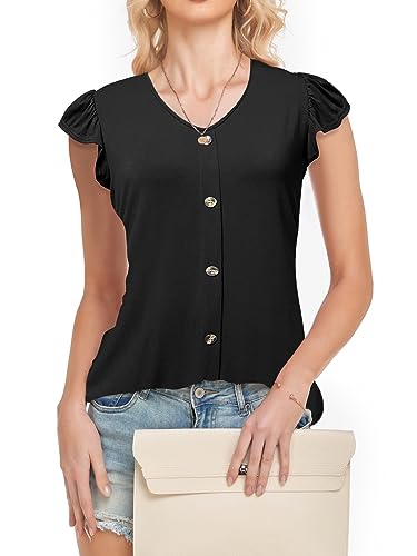 Brosloth Damen Sommer T-Shirt Kurzarmshirt Casual V-Ausschnitt Lässige Stretch Rüschenbündchen Bluse Tops Oberteil Baumwollshirt Blickdicht Mit kurzen Flügelärmelchen,Schwarz, XL von Brosloth