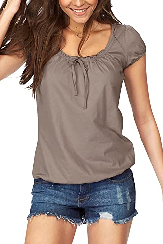 Brosloth Damen Sommer Tshirt Kurzarm Shirts Rundhals Oberteile Tops Einfarbige t-Shirts mit gerafftem Ausschnitt Taupe L von Brosloth