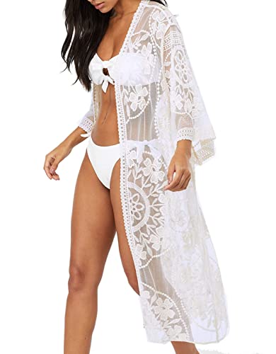 Brosloth Damen Spitze Bikini Cover Up Sommer Strand Badeanzug Bedecken Pareos Kimono Cardigan Strandkleid Lang One Size Weiß B von Brosloth