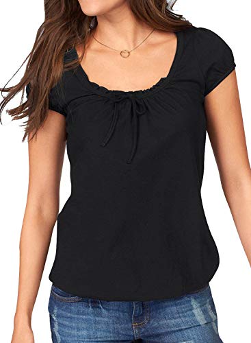 Brosloth T-Shirt Damen Sommer Rundhals Kurzarmshirt Oberteile Top Einfarbig Basic Shirt mit gerafftem Ausschnitt Schwarz L von Brosloth