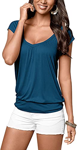 Uniquestyle Damen Sommer T-Shirt Kurzarmshirt V-Ausschnitt Lässige Stretch Falten Bluse Tops Oberteil Baumwollshirt Blickdicht Blau M von Brosloth