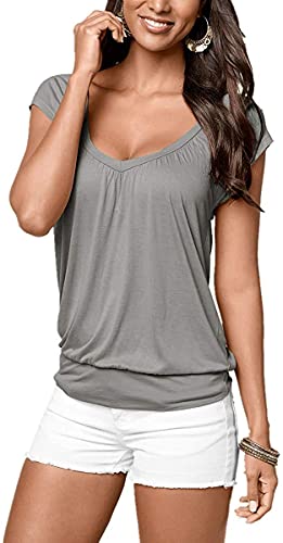 Uniquestyle Damen Sommer T-Shirt Kurzarmshirt V-Ausschnitt Lässige Stretch Falten Bluse Tops Oberteil Baumwollshirt Blickdicht Grau L von Brosloth