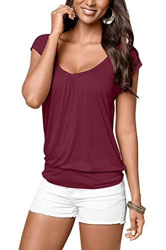 Uniquestyle Damen Sommer T-Shirt Kurzarmshirt V-Ausschnitt Lässige Stretch Falten Bluse Tops Oberteil Baumwollshirt Blickdicht Weinrot XXL von Brosloth