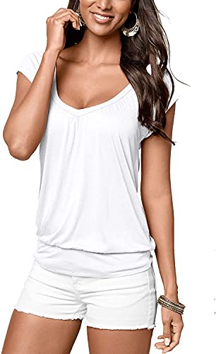 Uniquestyle Damen Sommer T-Shirt Kurzarmshirt V-Ausschnitt Lässige Stretch Falten Bluse Tops Oberteil Baumwollshirt Blickdicht Weiß XXL von Brosloth