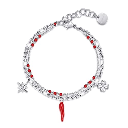 Brosway Armband Chant für Damen aus 316L-Edelstahl mit Kleeblatt, Horn, Sternanhänger und Kristallen, Karabinerverschluss, Größe: 18,5 cm, BAH64 von Brosway
