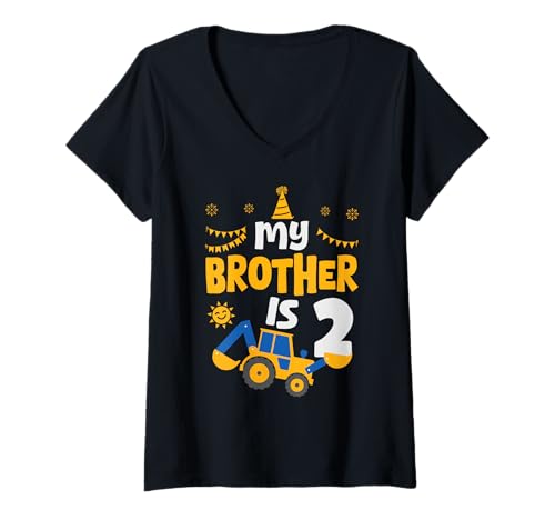 Damen My Brother is 2 2nd Birthday Boy Bagger Construction T-Shirt mit V-Ausschnitt Damen My Brother is 2 2nd Birthday Boy Bagger Construction T-Shirt mit V-Ausschnitt von Brother 2 Years Old Bday Digger Boy Brother Sister