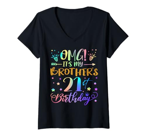 Damen OMG Es ist der 21. Geburtstag meines Bruders Sweet 21 Jahre alt T-Shirt mit V-Ausschnitt von Brother 21st Bday Tie Dye Brother Sister