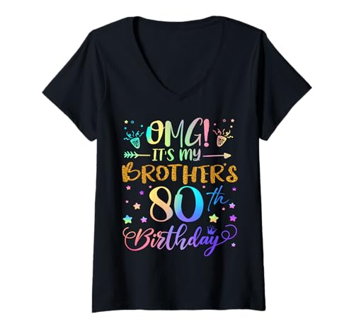 Damen OMG Es ist der 80. Geburtstag meines Bruders Sweet 80 Jahre alt T-Shirt mit V-Ausschnitt von Brother 80th Bday Tie Dye Brother Sister