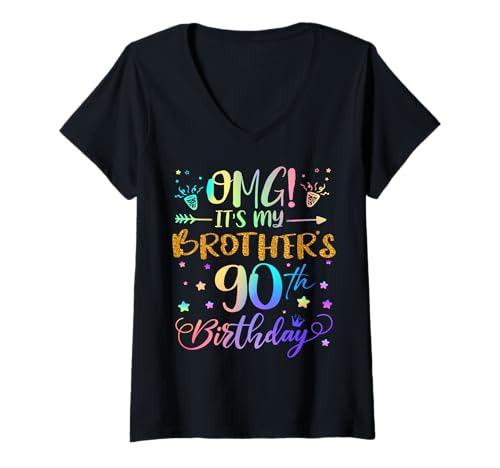 Damen OMG Es ist der 90. Geburtstag meines Bruders Sweet 90 Jahre alt T-Shirt mit V-Ausschnitt von Brother 90th Bday Tie Dye Brother Sister