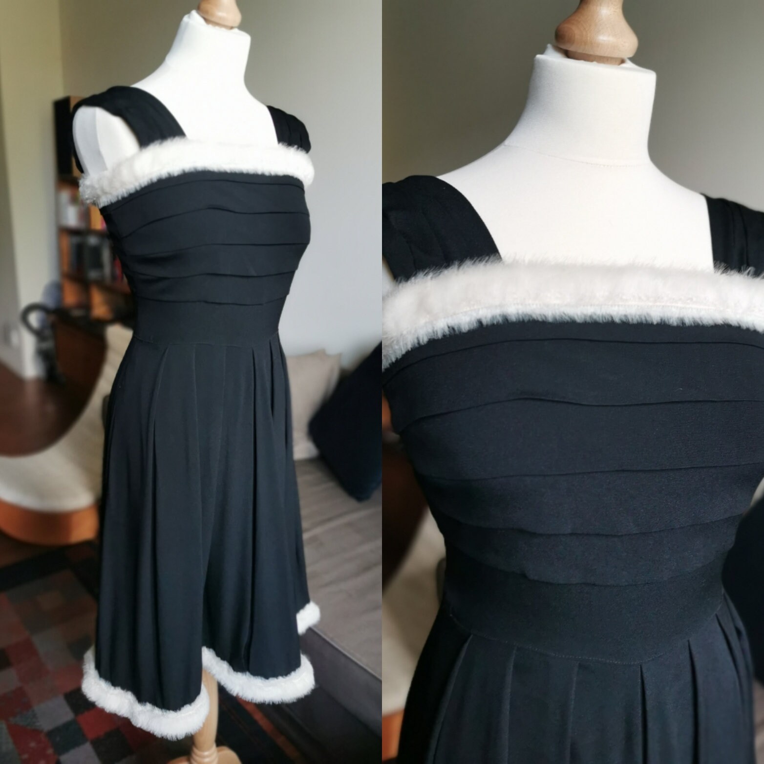 1940Er/1950Er Jahre Schwarz Krepp Plissierte Mieder Faux Pelz Gefüttert Cocktailkleid S/M von BrouhahaVintage