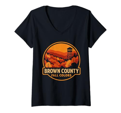 Damen Brown County Herbstfarben Hemd Indiana Scenic Tower View T-Shirt mit V-Ausschnitt von Brown County Fall Tee Shirts for Leaf Peepers