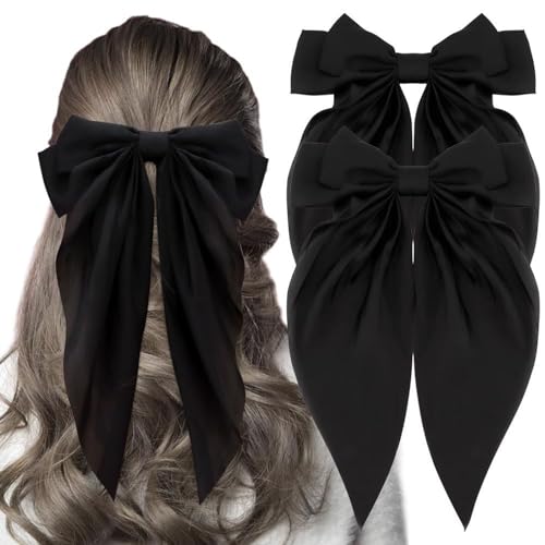 2 Stück Schleifen-Haarspange, Große Haarschleife, Haarschleifen für Frauen, Große Schleife, Haarspangen mit Langem, Seidigem Satin, Einfarbig, Haarspange, Lange (BLACK) von Brrnoo