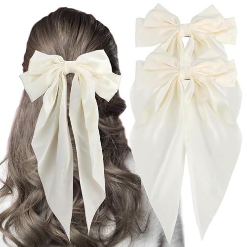 2 Stück Schleifen-Haarspange, Große Haarschleife, Haarschleifen für Frauen, Große Schleife, Haarspangen mit Langem, Seidigem Satin, Einfarbig, Haarspange, Lange (WHITE) von Brrnoo