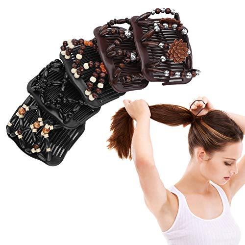 5pcs Haarkämme Vintage Perlen Dehnbar Magische Clips, Holzperlen Doppel Haarkamm Clip Dehnbar Frauen Haarschmuck Haarstyling-Werkzeug, Doppelkamm Haarspangen, Magischer Haarkamm von Brrnoo