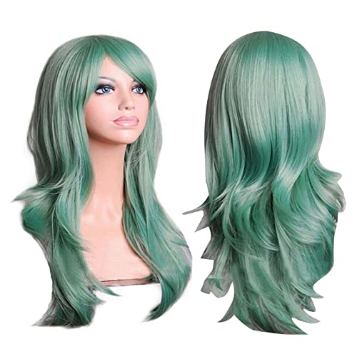 70 Cm Lange Grüne Lockige Perücke, Voller Kopf, Halloween-Perücken, Cosplay-Kostüm, Party, Haarperücken, Bequeme, Atmungsaktive Mesh-Hüte, Design, Lockige Grüne Perücke für Frauen von Brrnoo