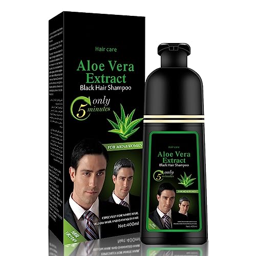 Aloe Vera Extrakt Schwarzes Haarfärbeshampoo, Haarfärbeshampoo Graues Haar Für Männer Frauen Graue Abdeckung Pflanzliche Inhaltsstoffe 3 in 1 Schwarze Haarfarbe 400ml von Brrnoo