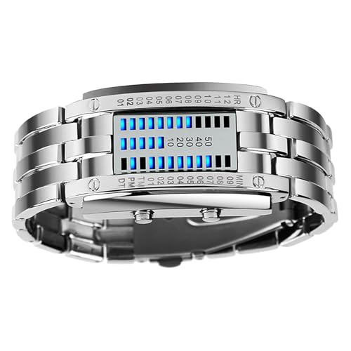 Brrnoo Blue Backlight LED Digital Mens Binary Watch mit Japanischer Quarzbewegung, Wasserfeste Bis zu 50 Meter, Mode -Armbanduhr Design für Outdoor -Partys (Silber Kleiner Größe) von Brrnoo