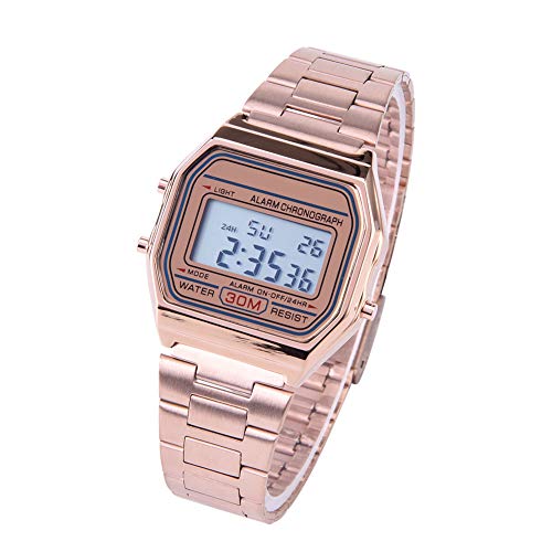 Brrnoo Elektronische Uhr, 3Farben Digitale LED Hintergrundbeleuchtung Elektronische Edelstahlarmbanduhr Rechteckige Armbanduhr,Wasserdicht,Unisex(Roségold) von Brrnoo