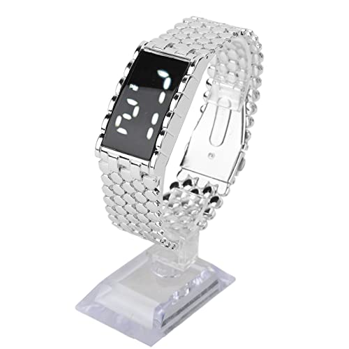 Brrnoo LED-Uhr, Elektronisch, Einfache Analoge Armbanduhr, LED Uhr, Doppelte Offene Edelstahlschnalle, Metallarmband, Rechteckiges Zifferblatt, Digitale Armbanduhr für Outdoor Aktivitäten(Silber) von Brrnoo