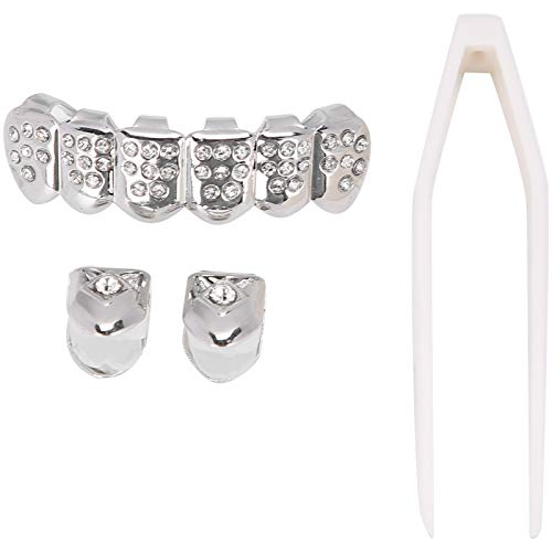 Iced Out Diamond Teeth Grillz für Männer und Frauen, Grillz Gold-Grills für Ihre Zähne, Zusätzliche Formleisten, Cosplay-Kostüm, Zähne, Schmuck und Zubehör, Plattierte(Silber) von Brrnoo