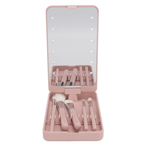 Spiegel-Make-up-Organizer, Spiegel-Make-up-Pinsel-Set, Multifunktionales Kosmetikpinsel-Set mit Drehbarem, Klappbarem LED-Spiegel für Zuhause und Reisen von Brrnoo