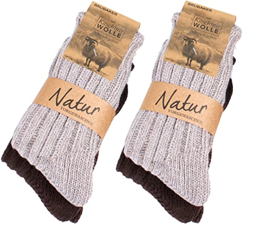 BRUBAKER 4 Paar Kaschmir-Socken für Damen und Herren - Warme Grobstrick Freizeitsocken in hoher Qualität 48% Schafwolle und 40% Cashmere Anteil - Größe 39-42 - Natur Braun von BRUBAKER