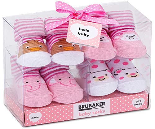 BRUBAKER 4 Paar Babysocken Mädchen 0-12 Monate - Tiere Rosa Gelb von BRUBAKER