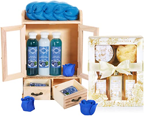 BRUBAKER Cosmetics 2 in 1 Pflegeset Blaubeere & Vanilla Rose Minze - Großes 15-teiliges Wellness Set - Damen Dusch- und Badeset - Frauen Beauty Geschenkset mit Deko Holzschrank von BRUBAKER