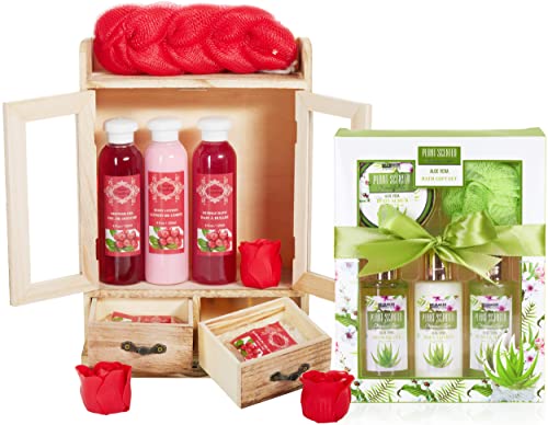 BRUBAKER Cosmetics 2 in 1 Pflegeset Cranberry & Aloe Vera - Großes 15-teiliges Wellness Set - Damen Dusch- und Badeset - Frauen Beauty Geschenkset mit Deko Holzschrank von BRUBAKER