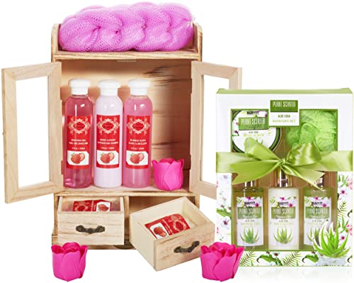 BRUBAKER Cosmetics 2 in 1 Pflegeset Erdbeere & Aloe Vera - Großes 15-teiliges Wellness Set - Damen Dusch- und Badeset - Frauen Beauty Geschenkset mit Deko Holzschrank von BRUBAKER