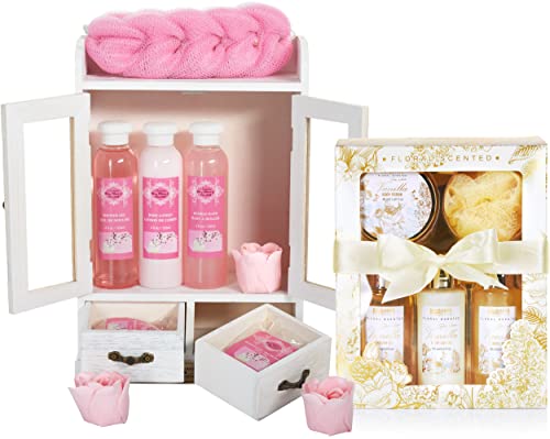 BRUBAKER Cosmetics 2 in 1 Pflegeset Kirschblüte & Vanilla Rose Minze - Großes 15-teiliges Wellness Set - Damen Dusch- und Badeset - Frauen Beauty Geschenkset mit Deko Holzschrank von BRUBAKER