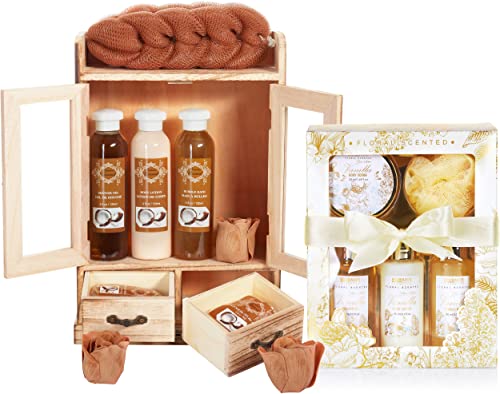 BRUBAKER Cosmetics 2 in 1 Pflegeset Kokosnuss & Vanilla Rose Minze - Großes 15-teiliges Wellness Set - Damen Dusch- und Badeset - Frauen Beauty Geschenkset mit Deko Holzschrank von BRUBAKER