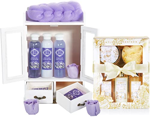 BRUBAKER Cosmetics 2 in 1 Pflegeset Lavendel & Vanilla Rose Minze - Großes 15-teiliges Wellness Set - Damen Dusch- und Badeset - Frauen Beauty Geschenkset mit Deko Holzschrank von BRUBAKER