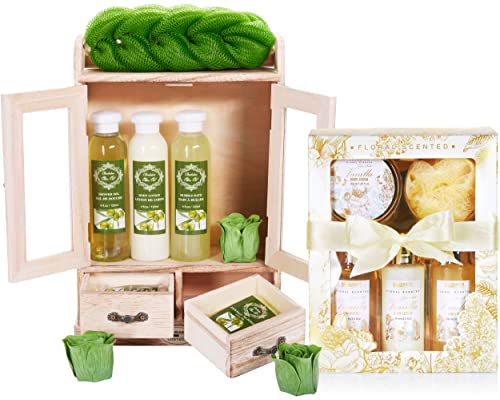 BRUBAKER Cosmetics 2 in 1 Pflegeset Olive & Vanilla Rose Minze - Großes 15-teiliges Wellness Set - Damen Dusch- und Badeset - Frauen Beauty Geschenkset mit Deko Holzschrank von BRUBAKER