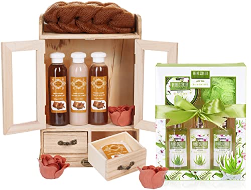 BRUBAKER Cosmetics 2 in 1 Pflegeset Schokolade & Aloe Vera - Großes 15-teiliges Wellness Set - Damen Dusch- und Badeset - Frauen Beauty Geschenkset mit Deko Holzschrank von BRUBAKER