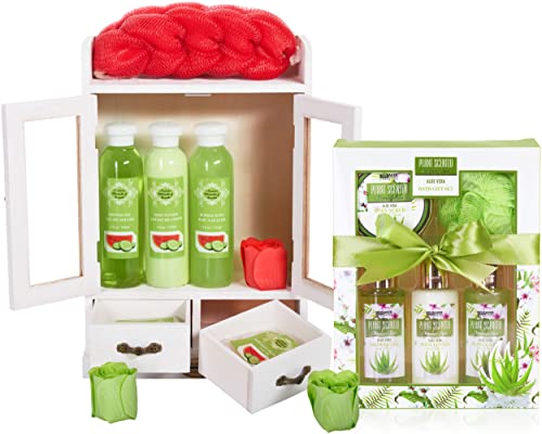 BRUBAKER Cosmetics 2 in 1 Pflegeset Wassermelone & Aloe Vera - Großes 15-teiliges Wellness Set - Damen Dusch- und Badeset - Frauen Beauty Geschenkset mit Deko Holzschrank von BRUBAKER