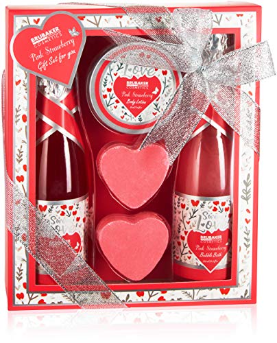 BRUBAKER Cosmetics 5-tlg. Bade- und Dusch Set Erdbeere Sweet Love - Pflegeset Geschenkset mit Blumen Design - Geschenkidee für Frauen und Männer - Pink von BRUBAKER