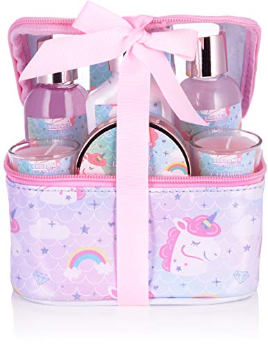 BRUBAKER Cosmetics 7-tlg. Einhorn Bade- und Dusch Set Cherry Blossom - Geschenkset mit Kirschblüten Duft inkl. 2 Duftkerzen in Kosmetikbox von BRUBAKER